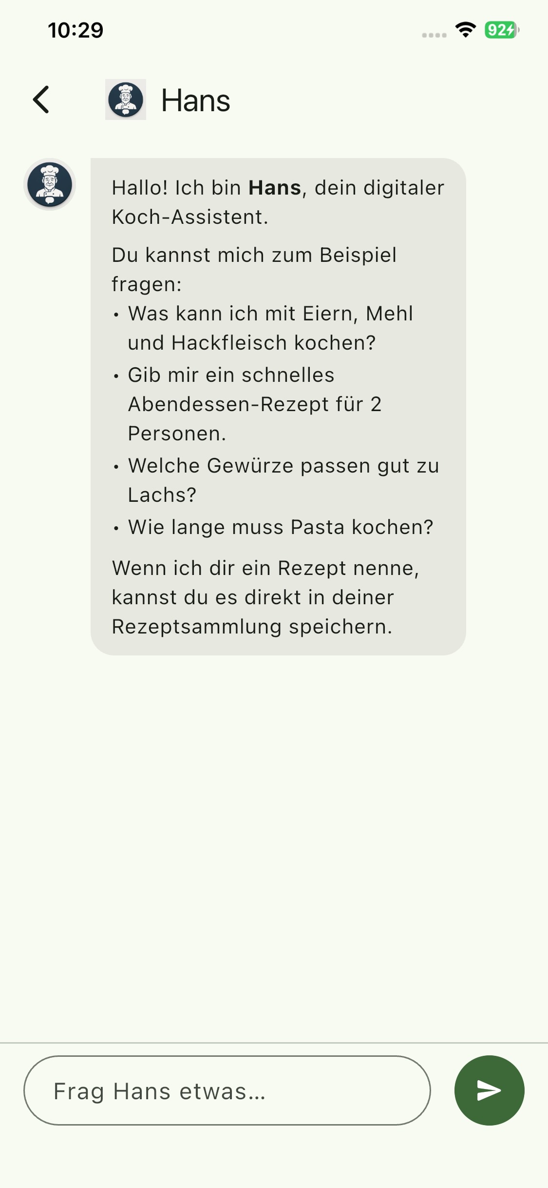 Genuss Planer App: KI-Kochassistent Hans im Chat